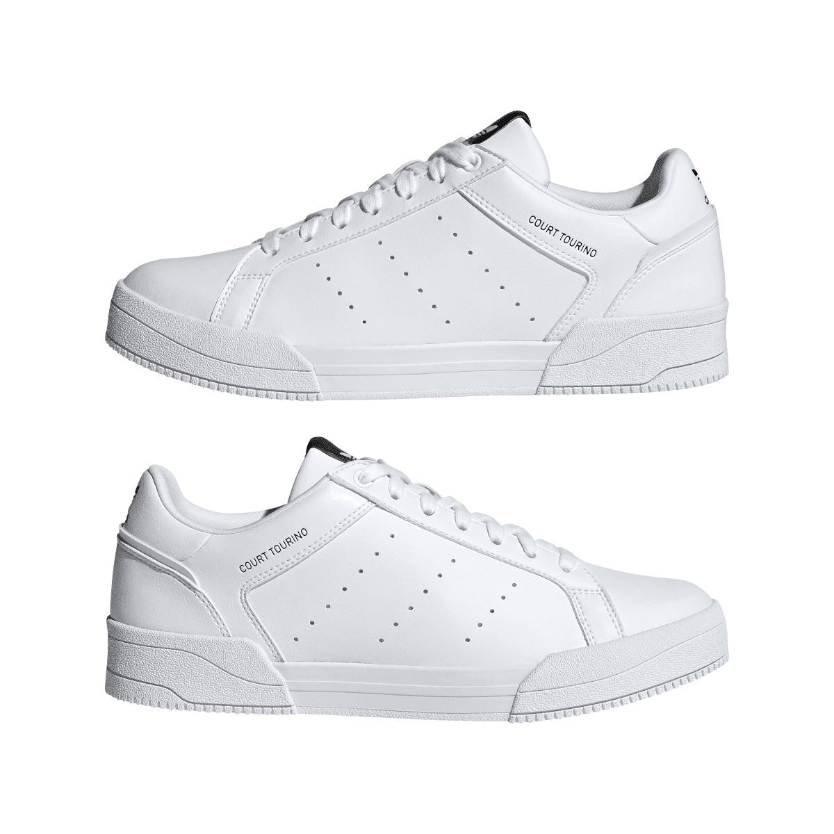 Pair of white adidas Originals Court Tourino trainers with perforated toe and lace-up design.