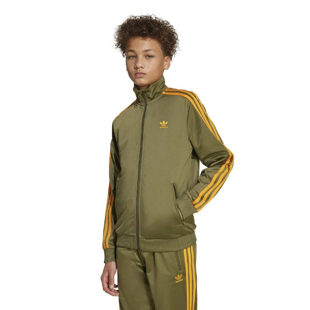 adidas junior athletic zip-up top with high neck, olive green and yellow-orange sleeve stripes