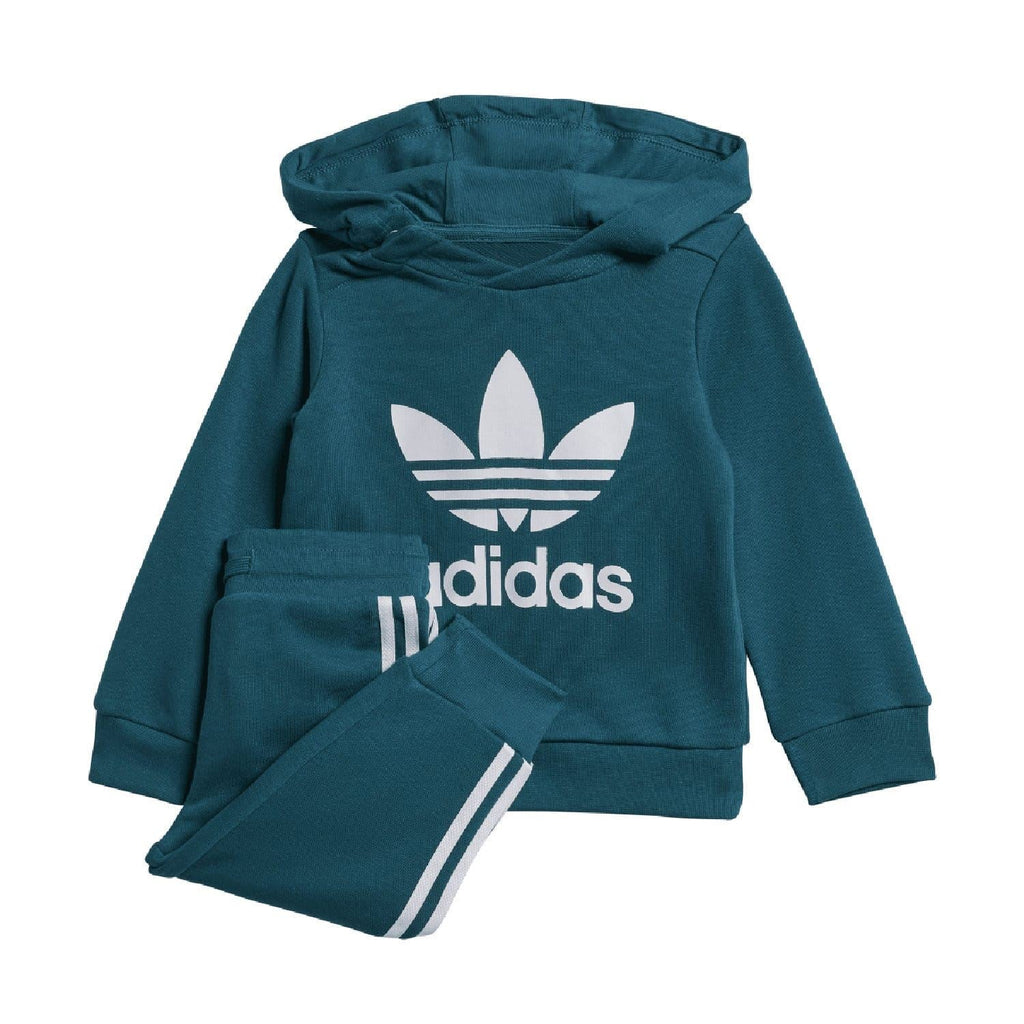 Teal infants hoodie set with adidas trefoil logo and matching joggers, front view