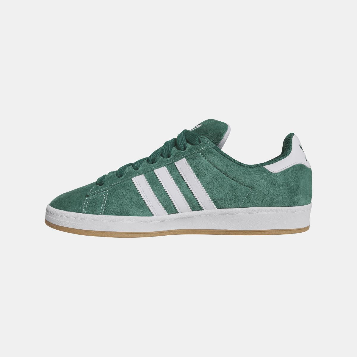adidas Originals Campus ADV shoes, dark green suede with three white stripes and laces