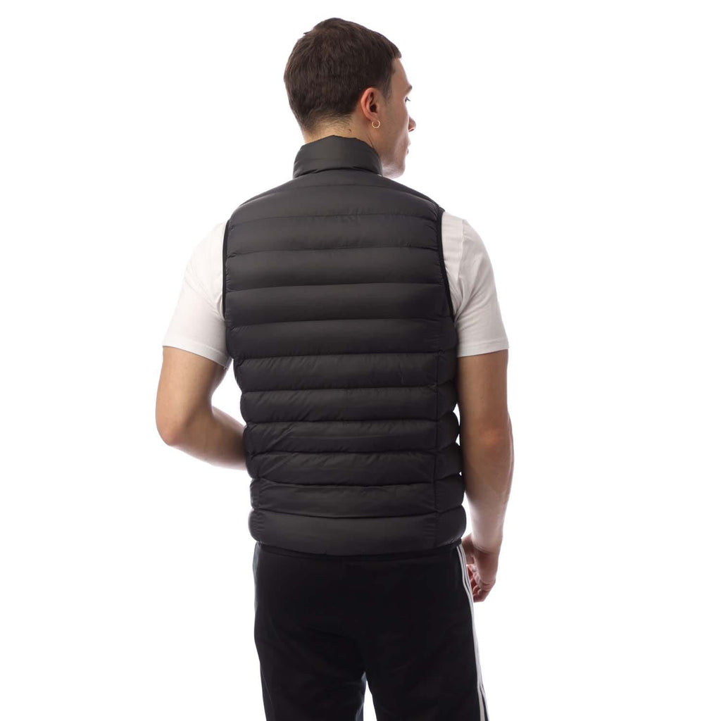 Black padded puffer vest with stand-up collar and horizontal quilted panels