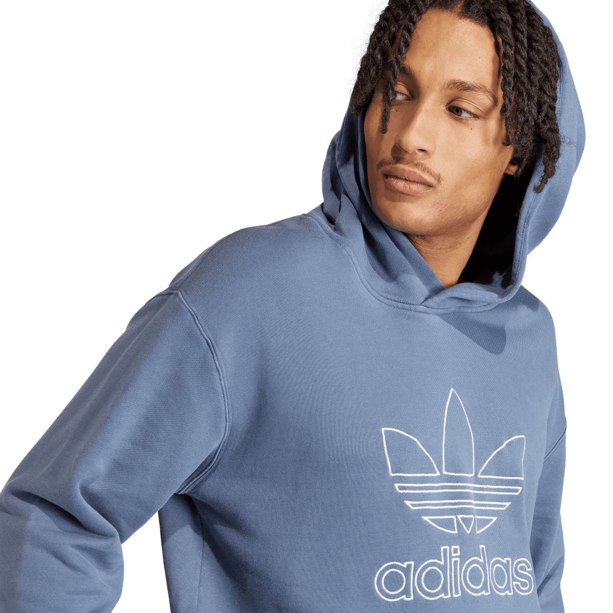 Blue hoodie close-up with adidas trefoil outline graphic on chest