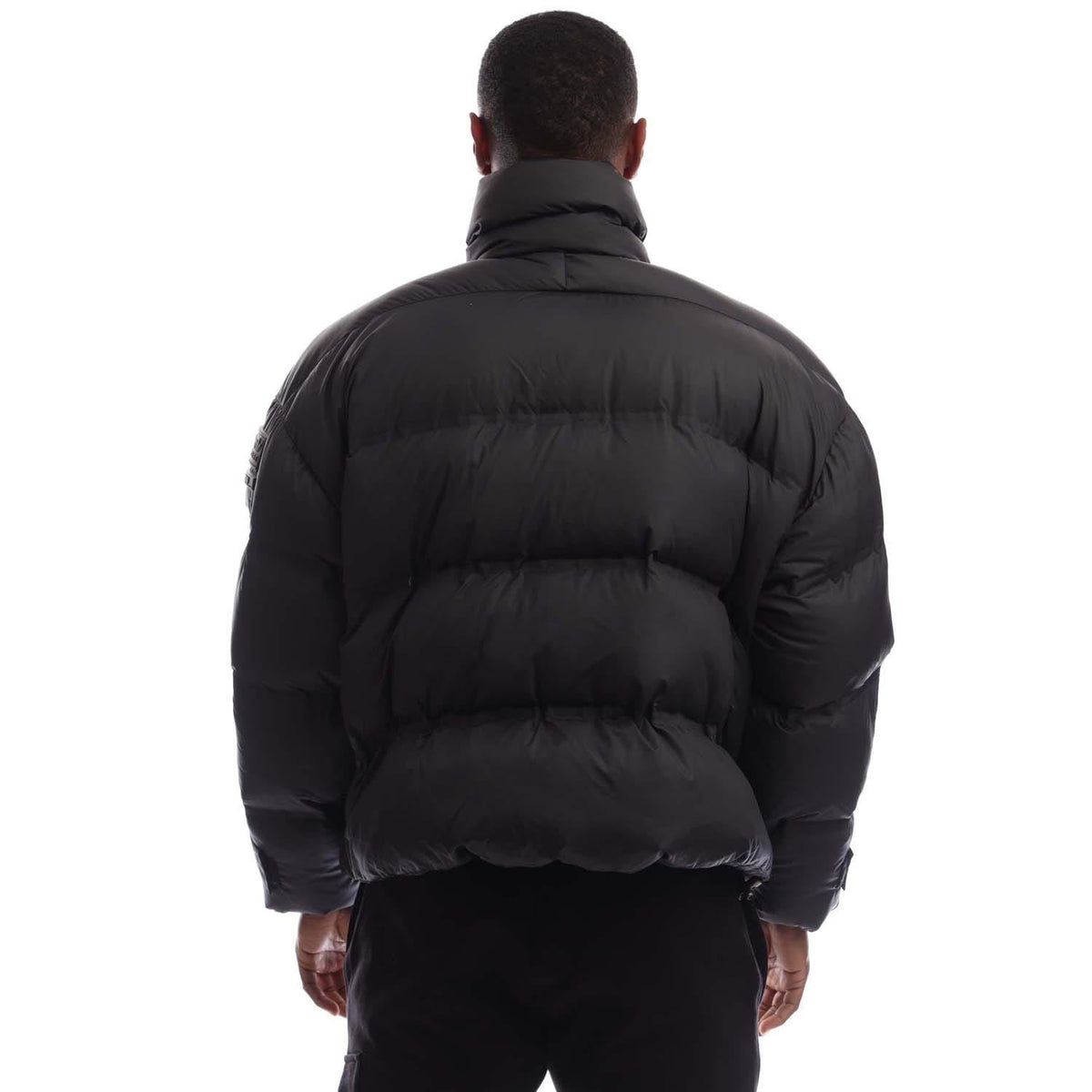 Black down puffer jacket, quilted back and stand collar, full-zip style