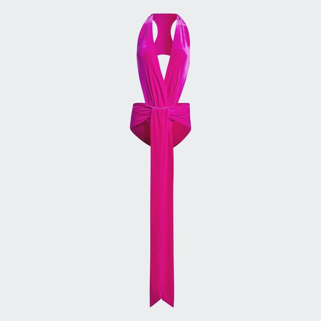 Pink one-piece swimsuit with plunging V-neck and long front tie detail