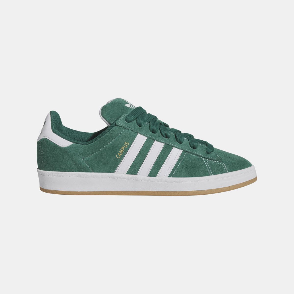 adidas Originals Campus ADV shoes in dark green suede, white stripes, gum sole