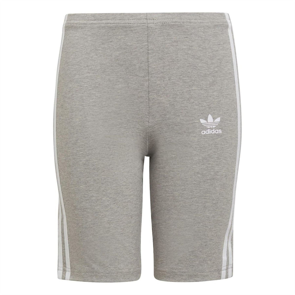 Grey adidas Originals cycling shorts with white side stripes and small adidas logo
