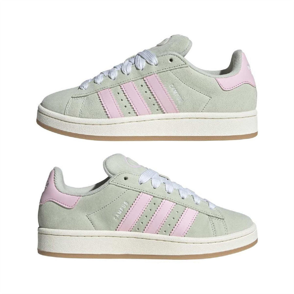 adidas Campus 00s trainers pair, pale green with pink three stripes, white laces, gum sole