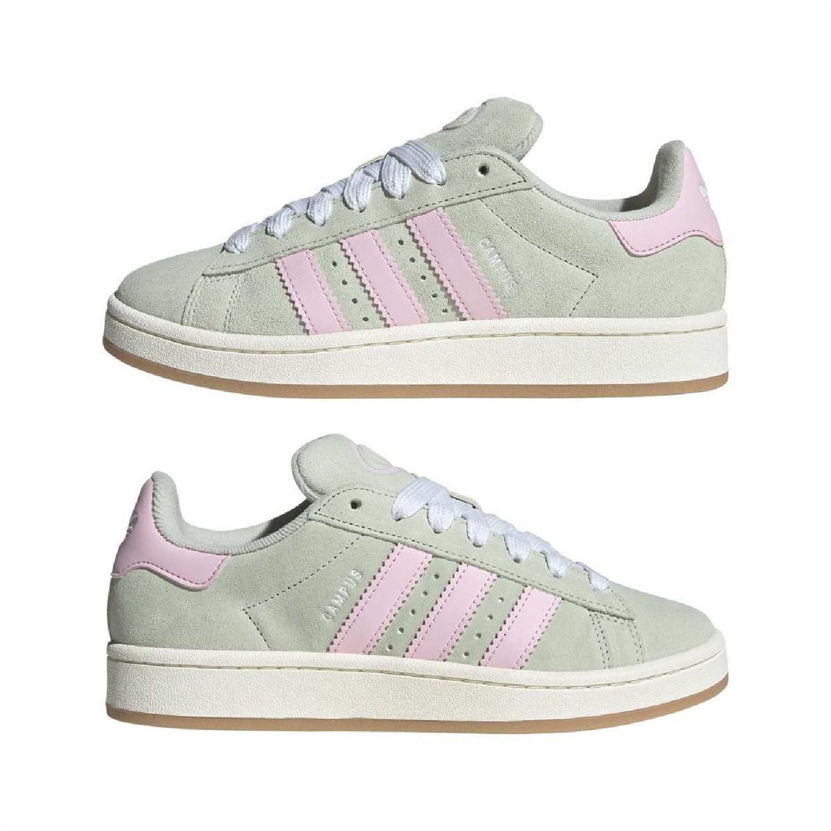 adidas Campus 00s trainers pair, pale green with pink three stripes, white laces, gum sole