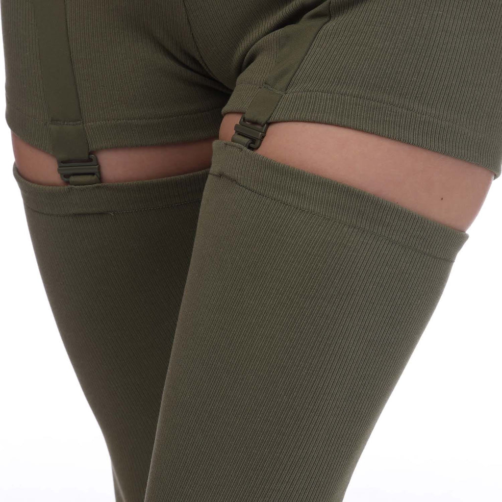 Olive two-in-one rib tights with shorts hem and elastic waistband detail