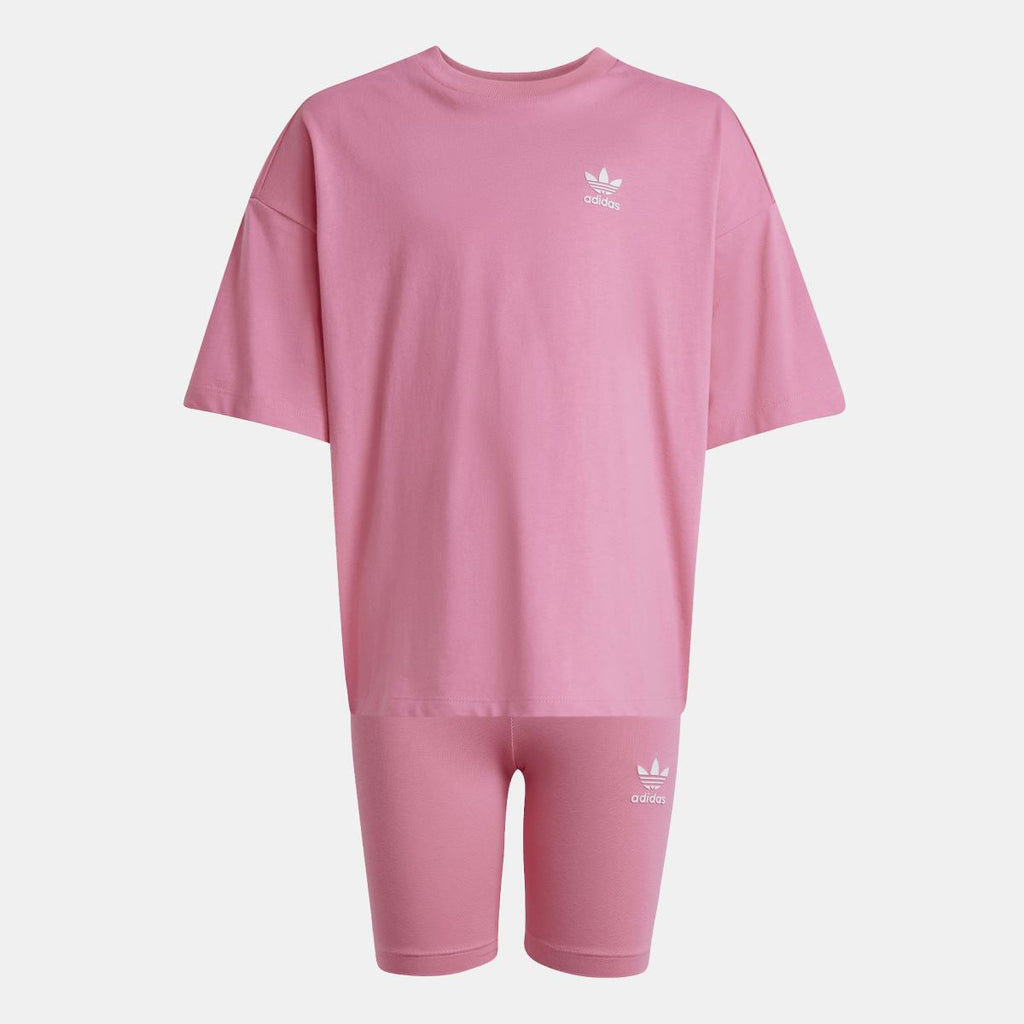Infants pink adidas T-shirt and cycling shorts set, short sleeves and logo on chest