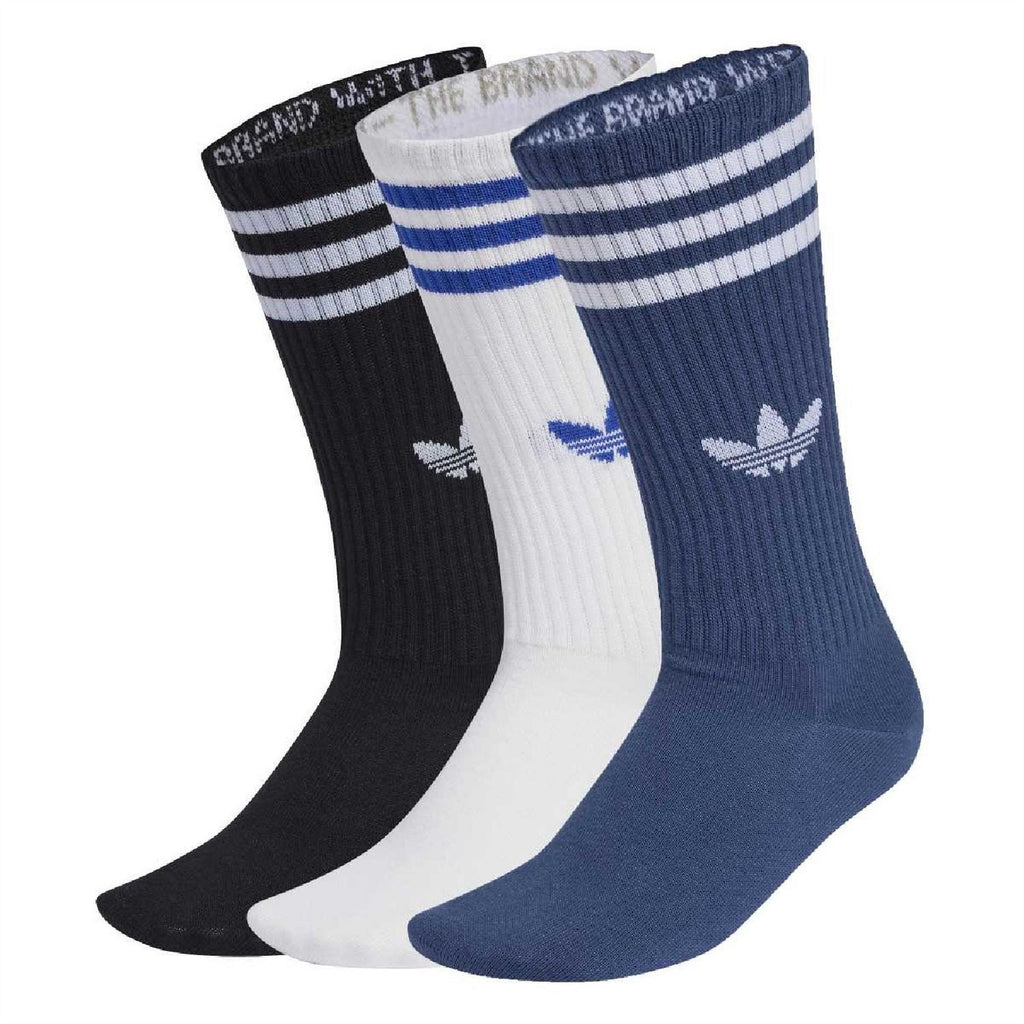 adidas Originals 3-pack long crew socks in black, white, navy with 3-Stripe ribbed style