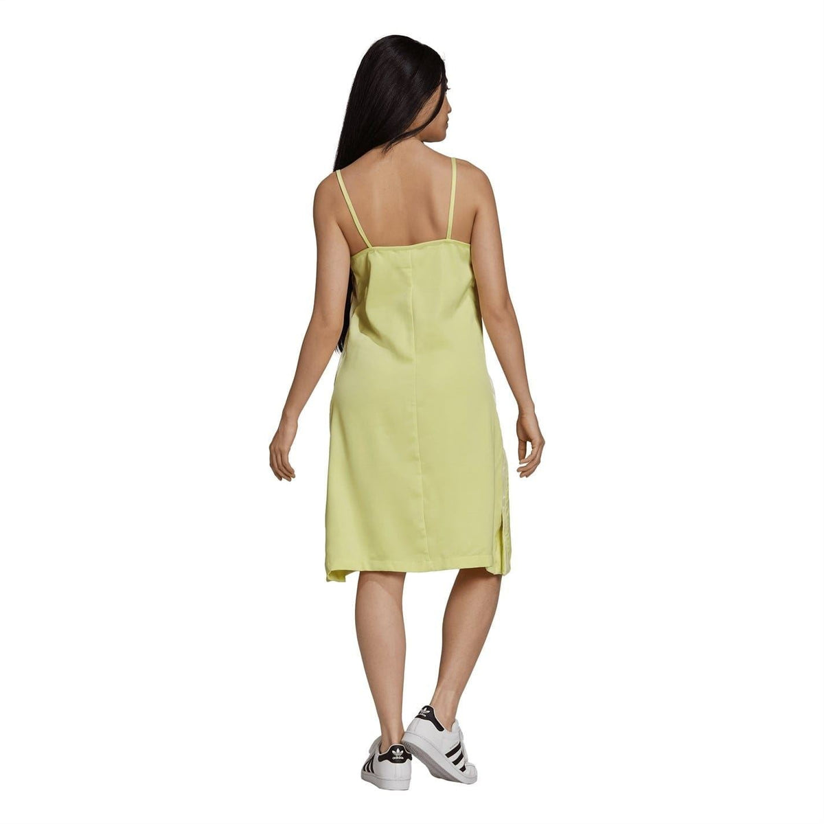 Pulse yellow square-neck midi slip dress with thin straps, open back