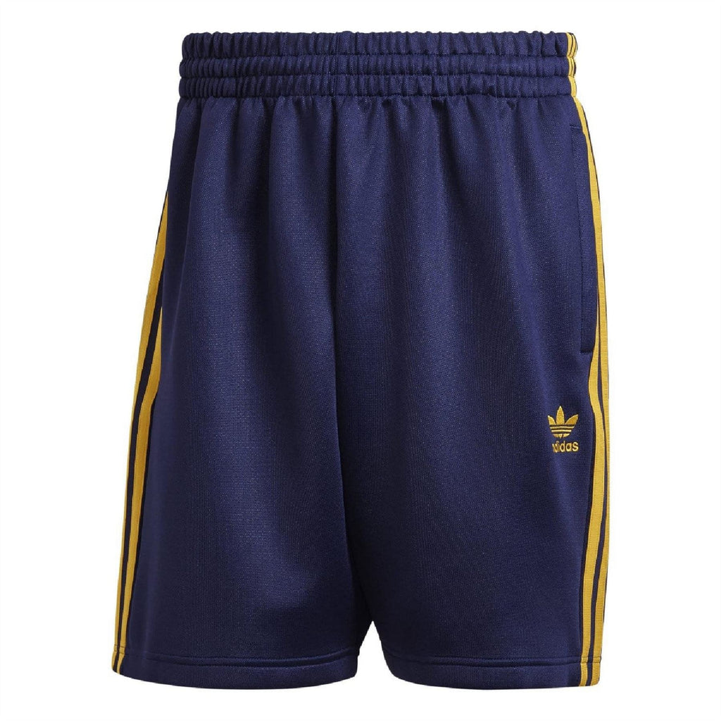Dark blue adidas Originals shorts with elastic waistband and yellow side stripes
