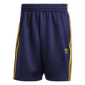 Dark blue adidas Originals shorts with elastic waistband and yellow side stripes