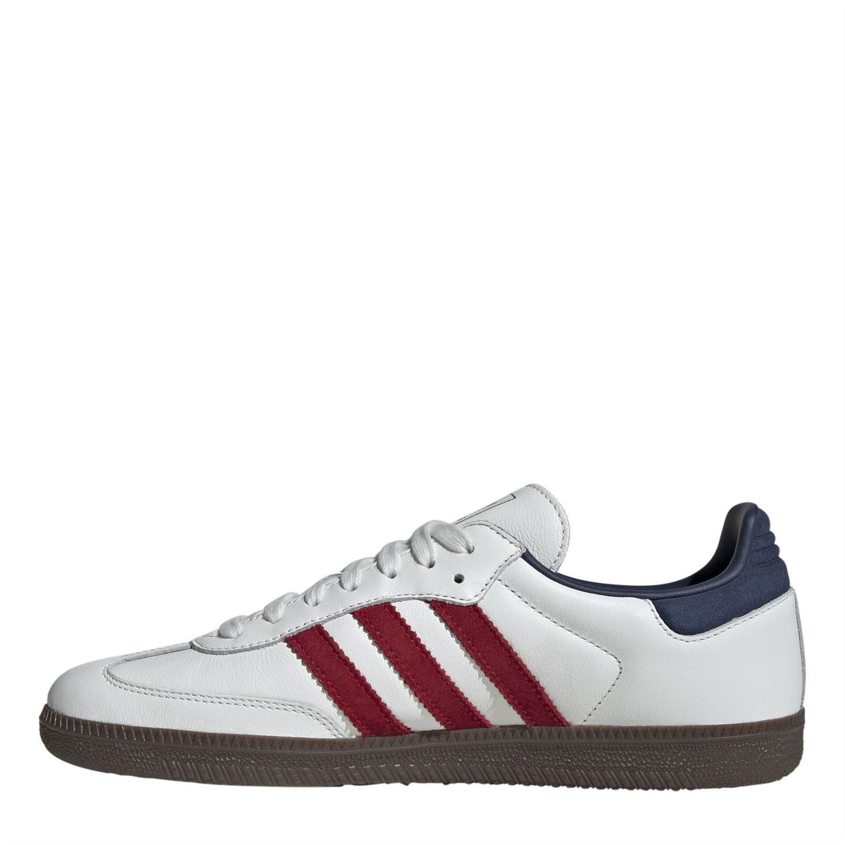 adidas Samba OG sneaker, side view, white leather with red triple stripes