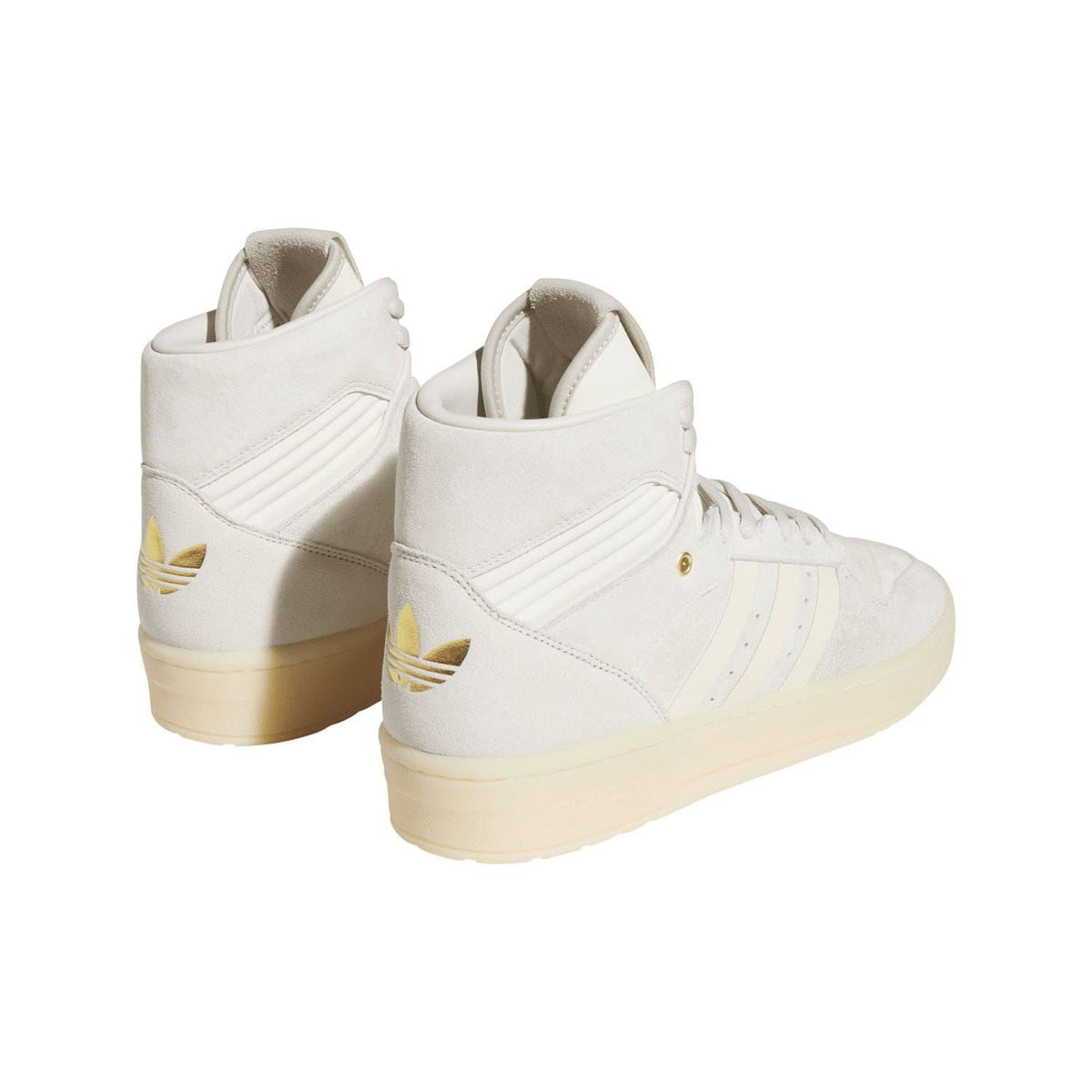 Off-white high-top sneakers with heel tab and three stripe detailing at the sides