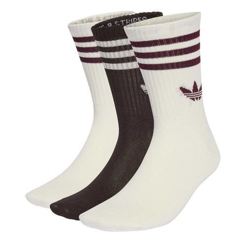 3-pack crew socks, white with burgundy and dark stripes, adidas logo at cuff