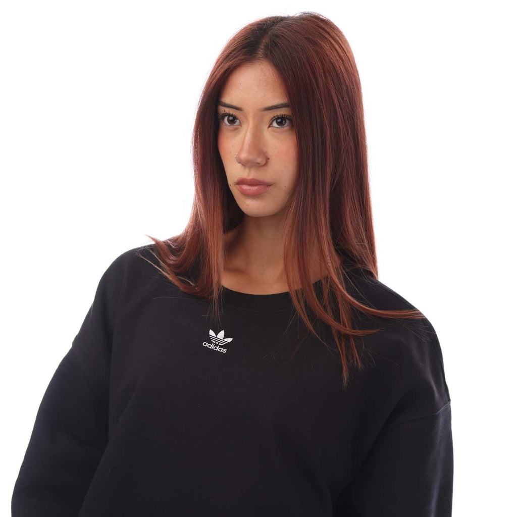 Black crew sweatshirt with adidas trefoil logo on chest and round neckline