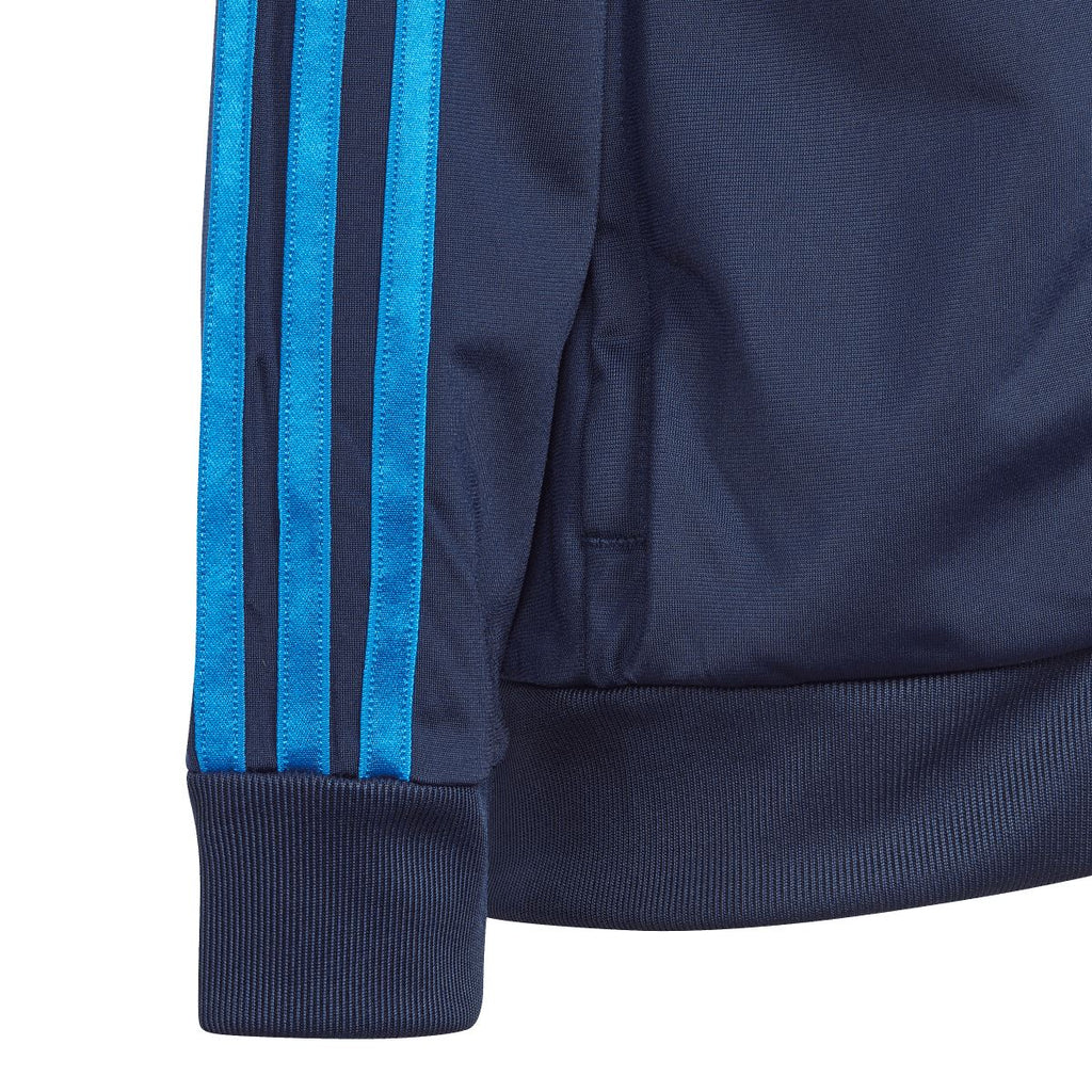 Infant adidas jacket sleeve cuff with textured ribbing and bright blue three-stripe panel