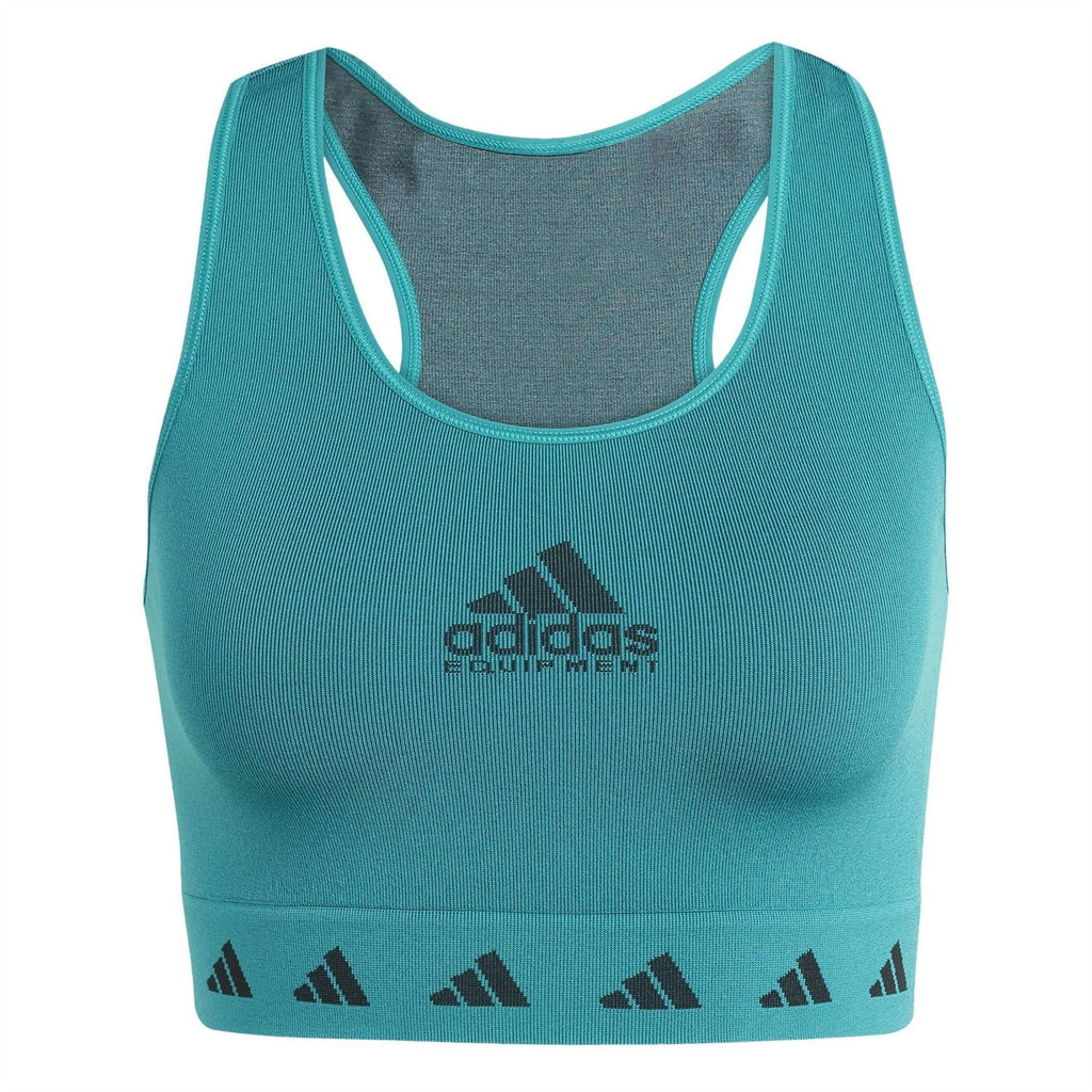 Teal adidas Originals cropped sports top with racerback, center logo, patterned hem band