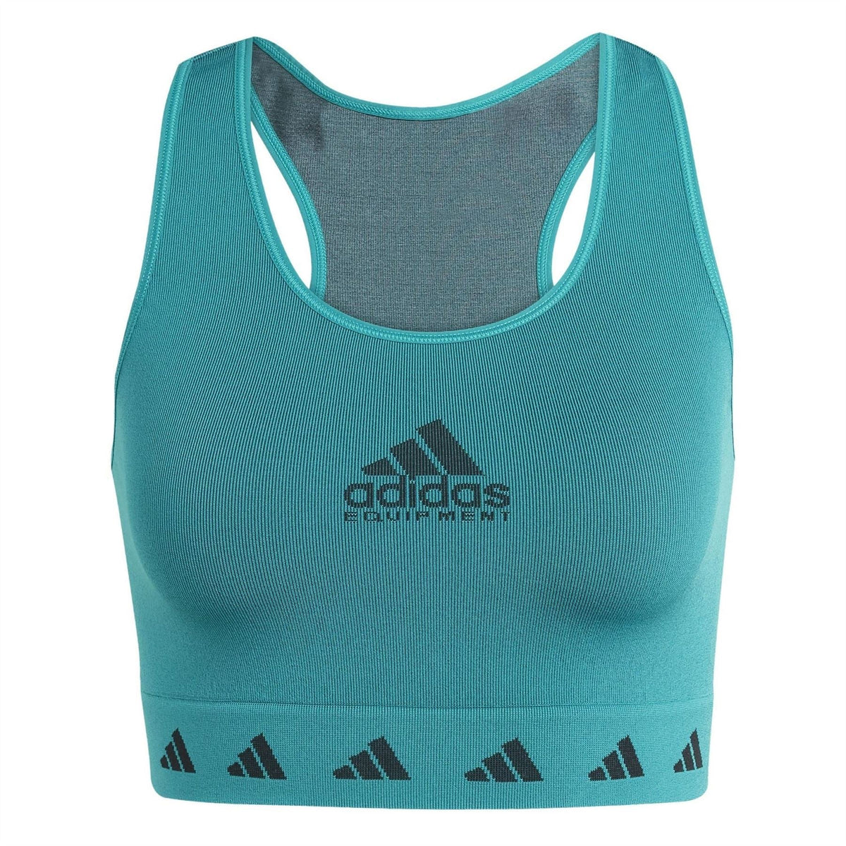 Teal adidas Originals cropped sports top with racerback, center logo, patterned hem band