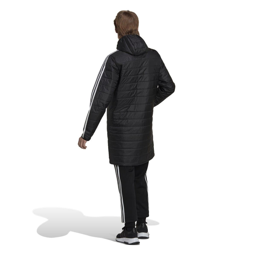 Black padded coat with hood and white 3-stripe detailing on sleeves; back view.