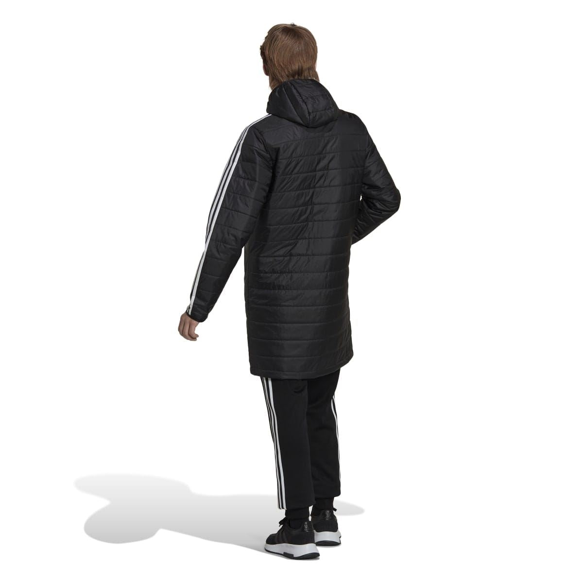 Black padded coat with hood and white 3-stripe detailing on sleeves; back view.