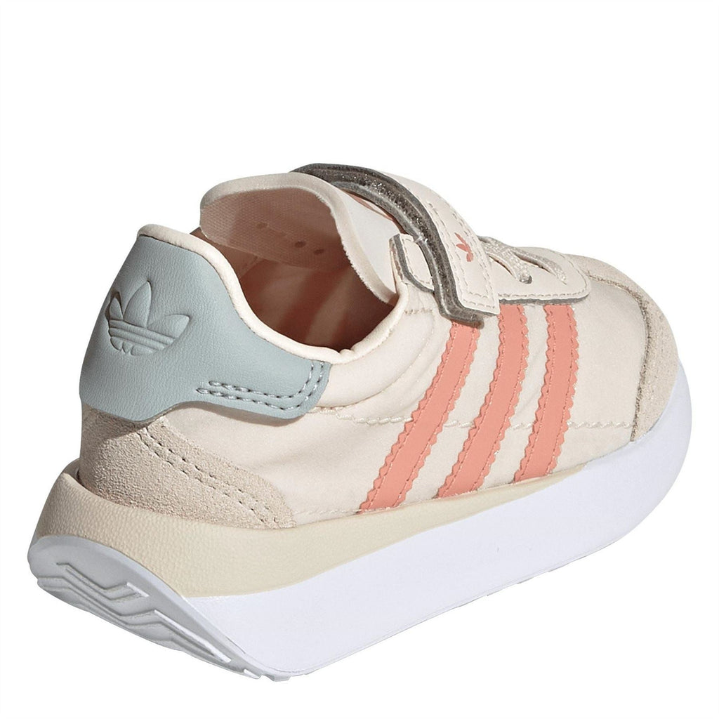 Slip-on low-top sneaker with off-white upper, coral stripes, and blue rear collar