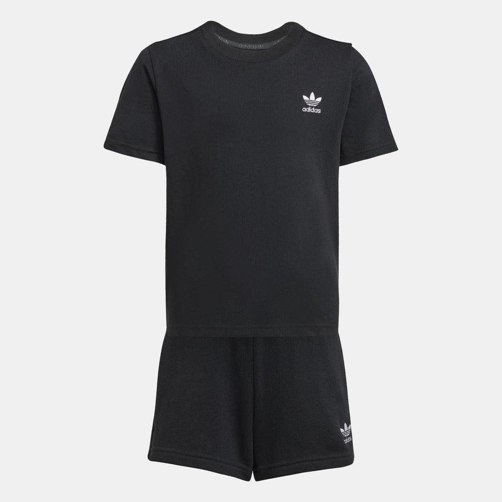 Black juniors T-shirt and shorts set, front view with adidas logo
