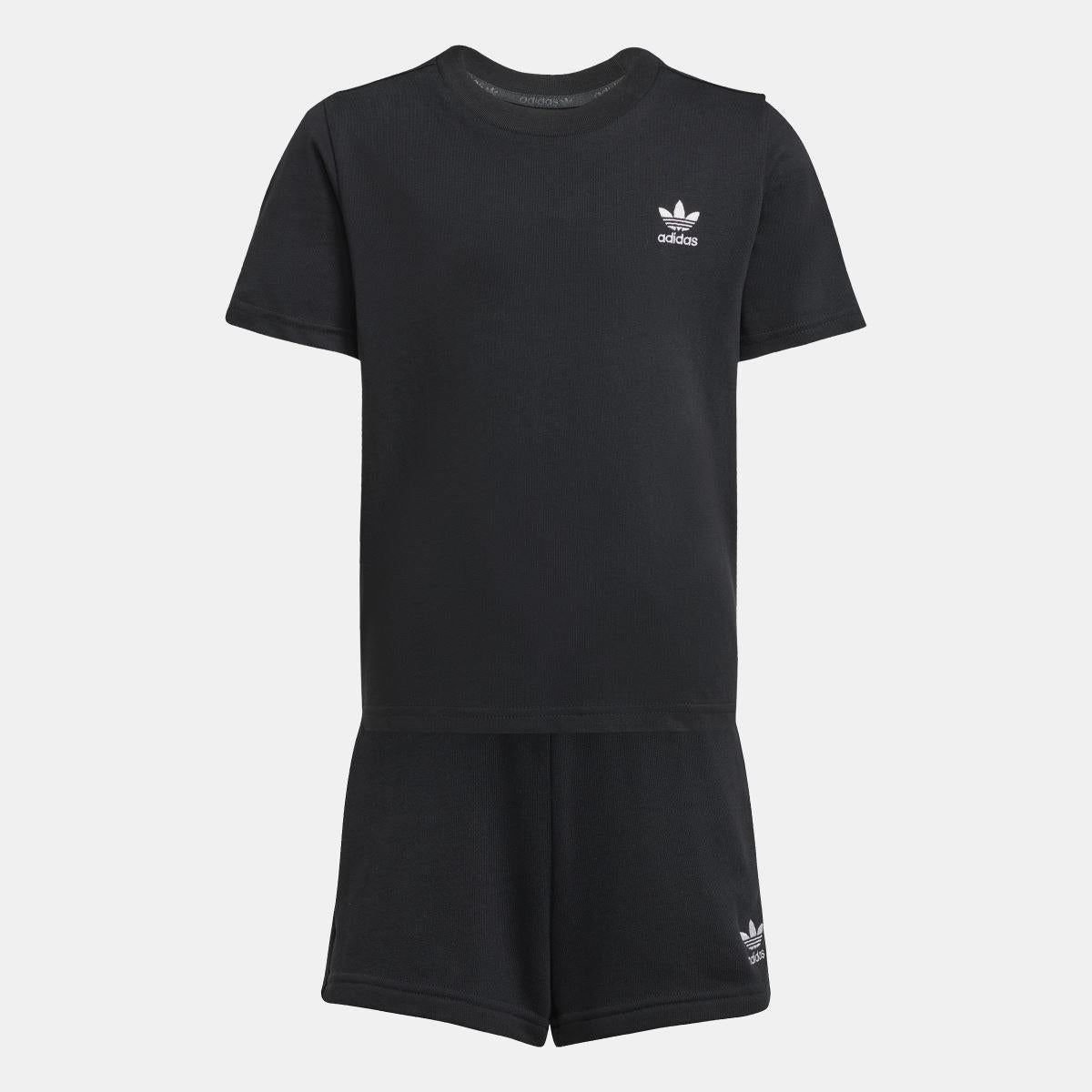 Black juniors T-shirt and shorts set, front view with adidas logo