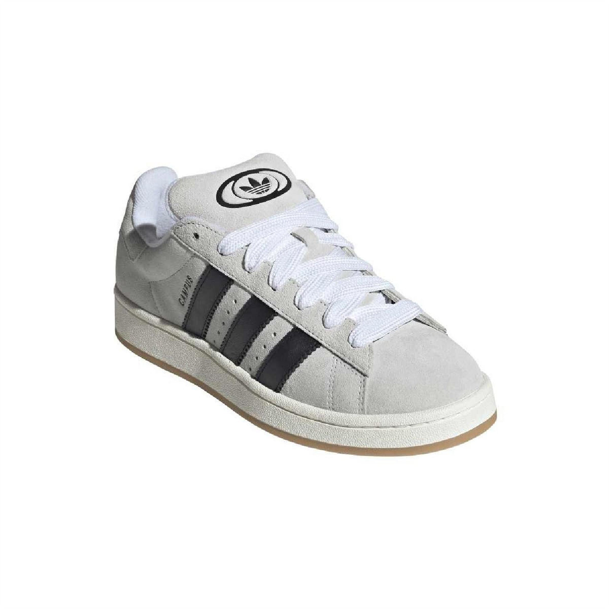 Light gray Adidas campus sneaker with black stripes and circular logo on tongue
