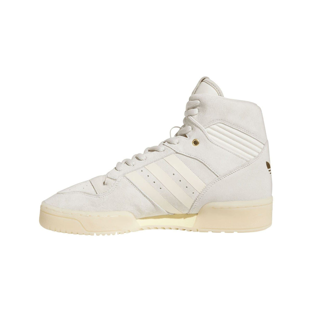 Off-white high-top trainer with laces, cushioned collar, and cream rubber sole