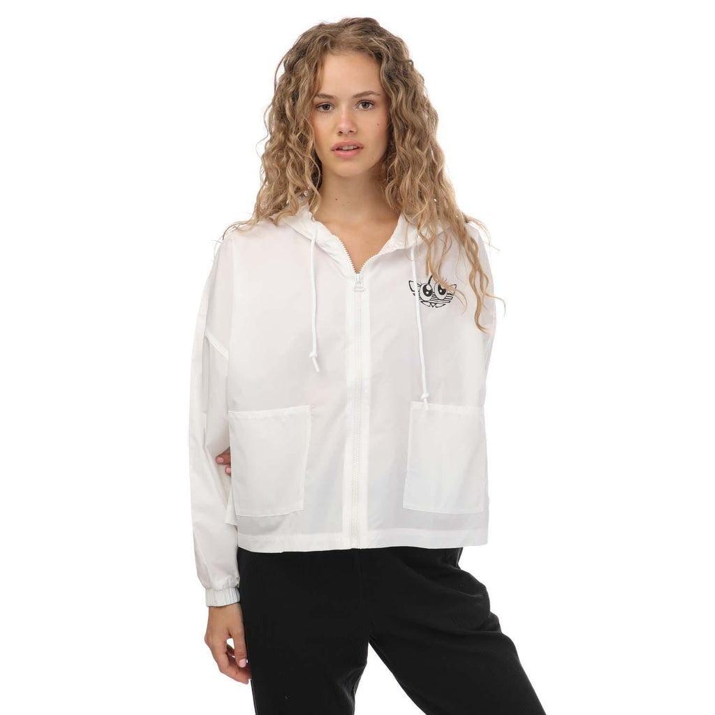 White windbreaker jacket with hood, full zip, and chest pocket