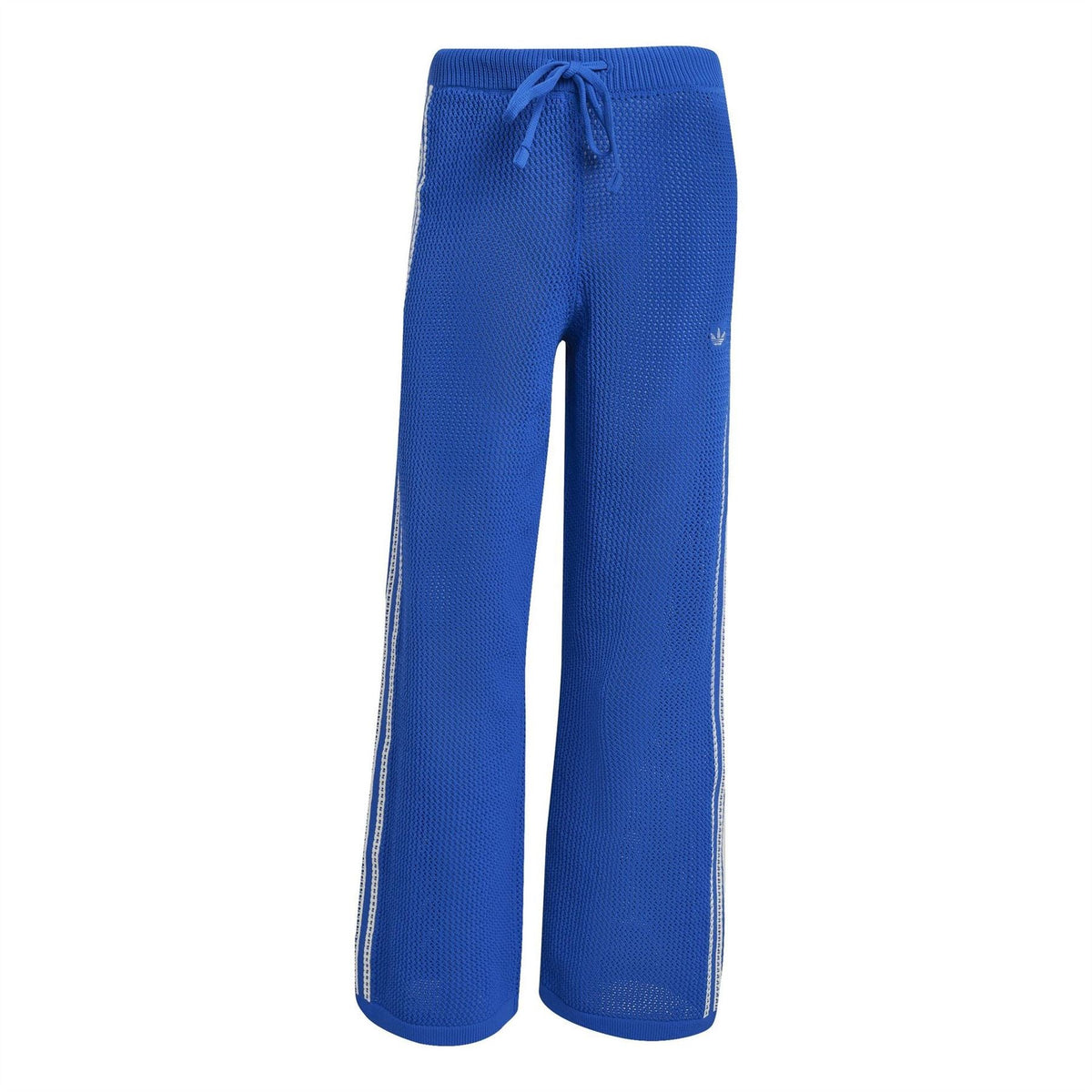 adidas Originals crochet track pants, royal blue with drawstring waist and wide legs