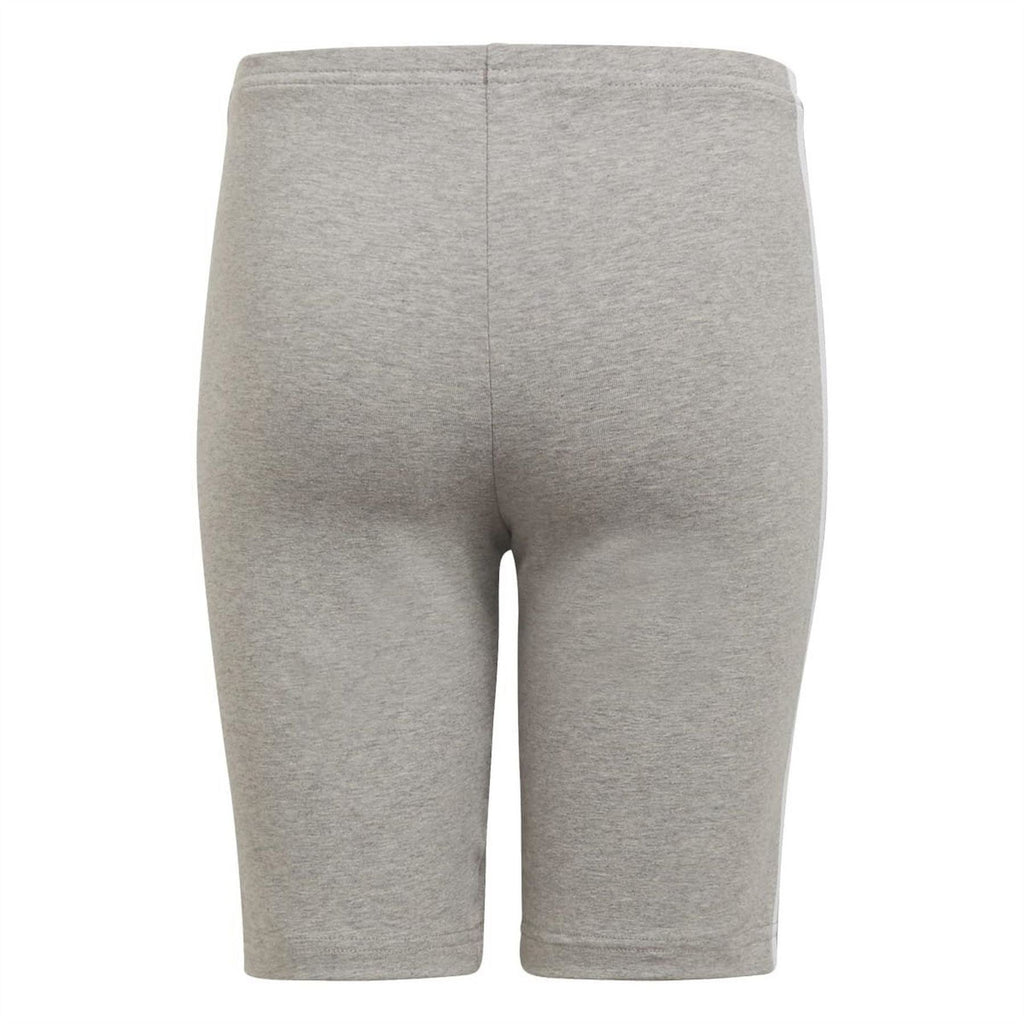 Grey adidas Originals cycling shorts, straight back view, white side stripe accents