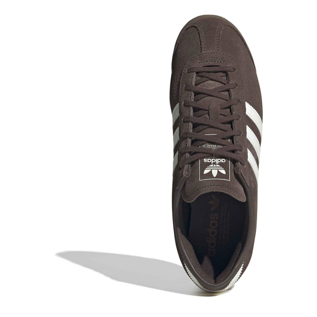 Brown Italia 70s sneaker showing lace-up front, off-white stripes, and interior