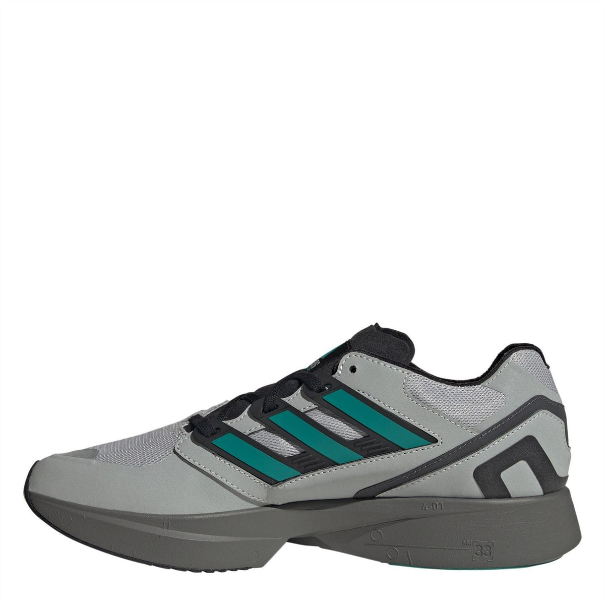 Light gray low-top sneaker with teal-and-black stripe accents and tread sole