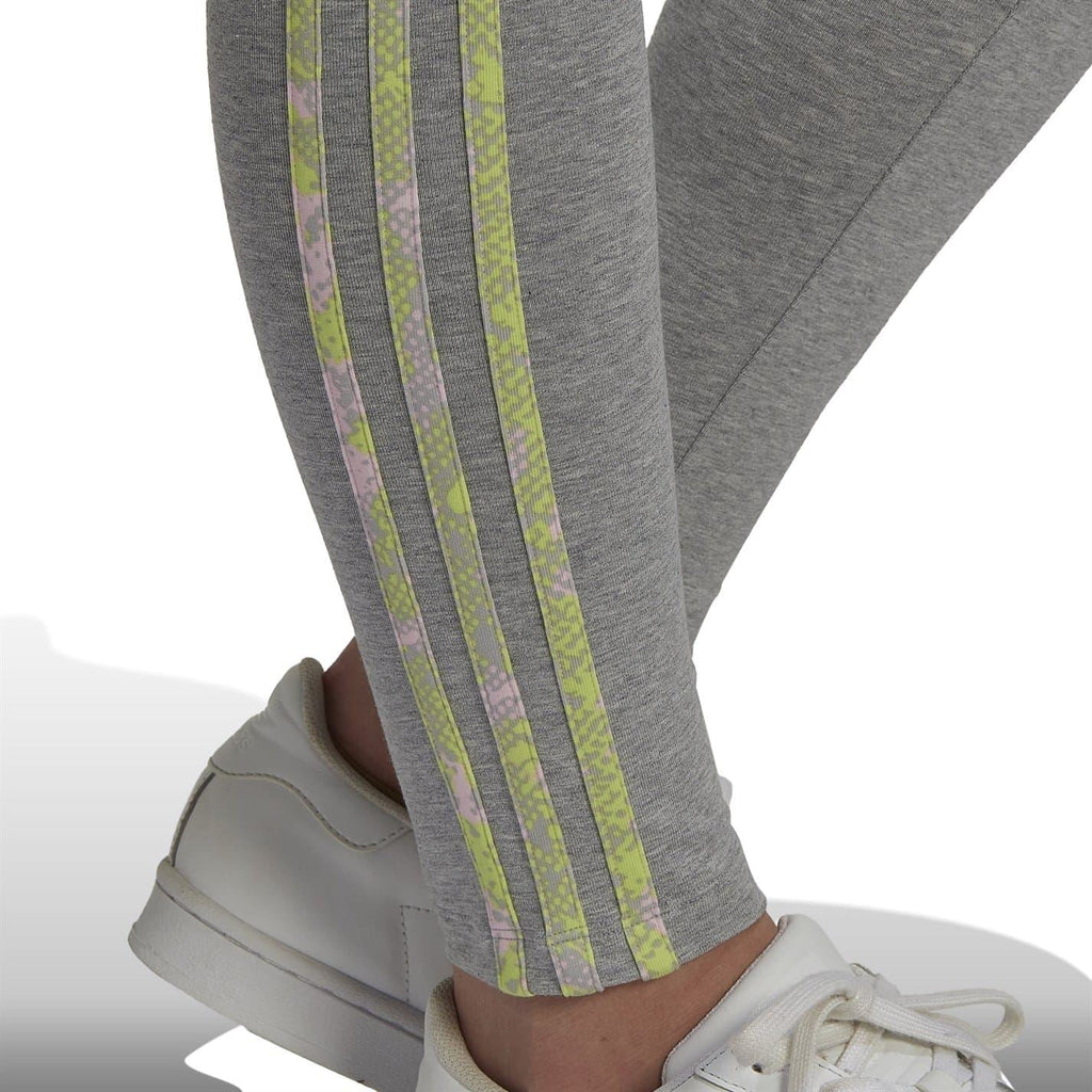Grey leggings with pastel vertical stripe panel; fitted leg with stitched seams at ankle