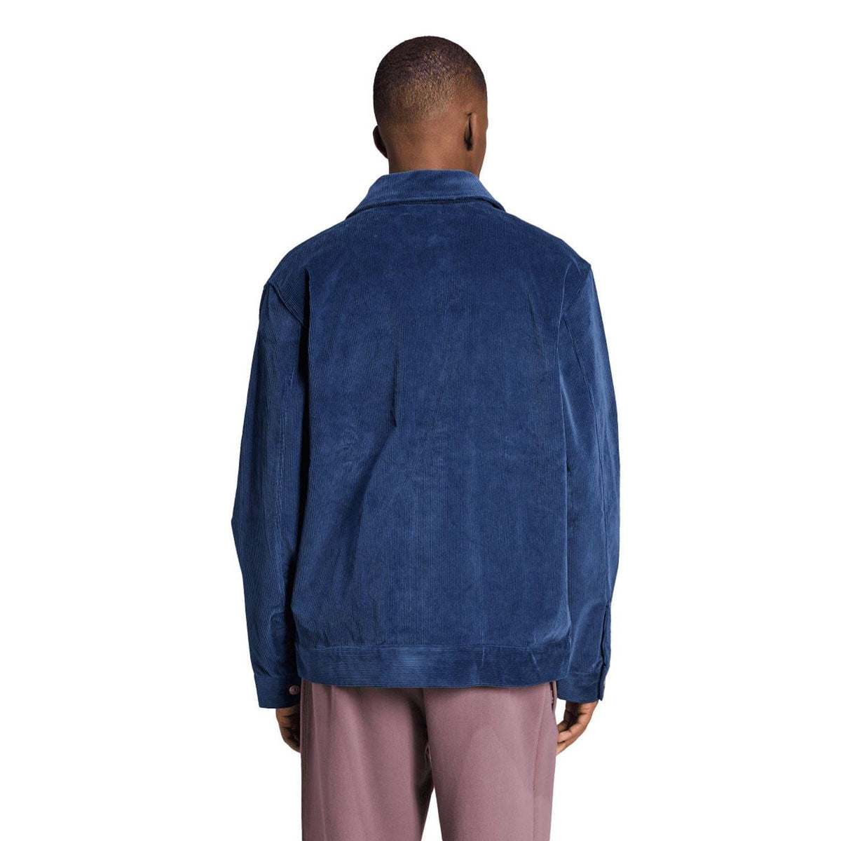 Indigo coach overshirt, back view with button closure