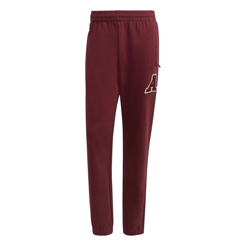 Burgundy track pants, full-length view, elastic waistband and embroidered A logo