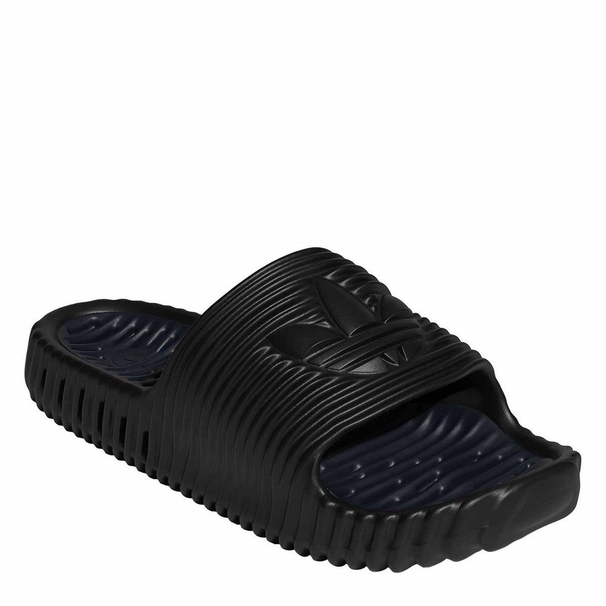 Core Black adidas Originals slide sandal with embossed logo on upper