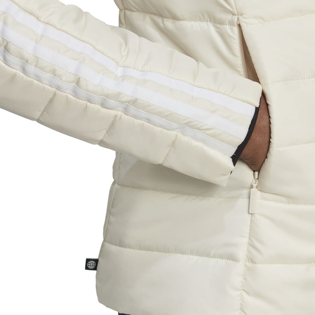 Off-white quilted puffer jacket sleeve with elastic cuffs and front zipper seam