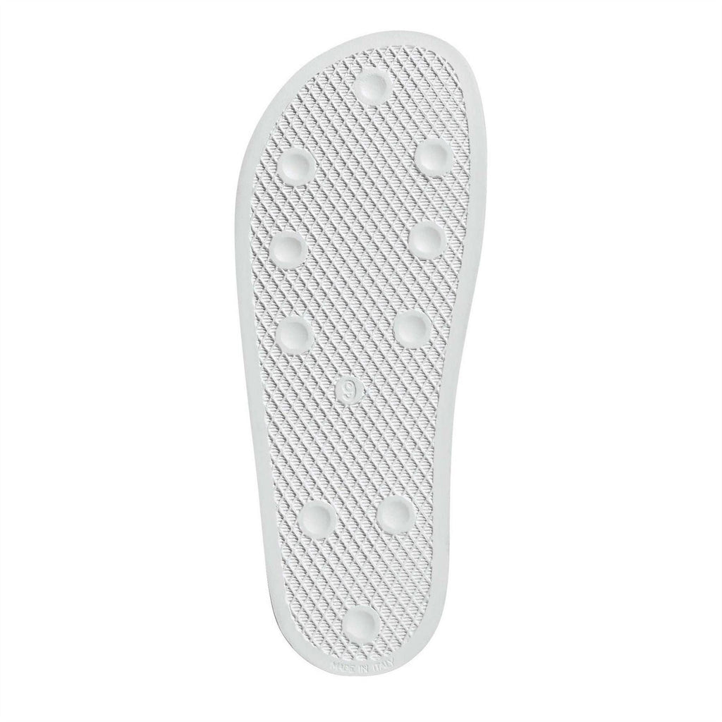 White adidas Originals slide sandal outsole with traction tread and circular grip dots