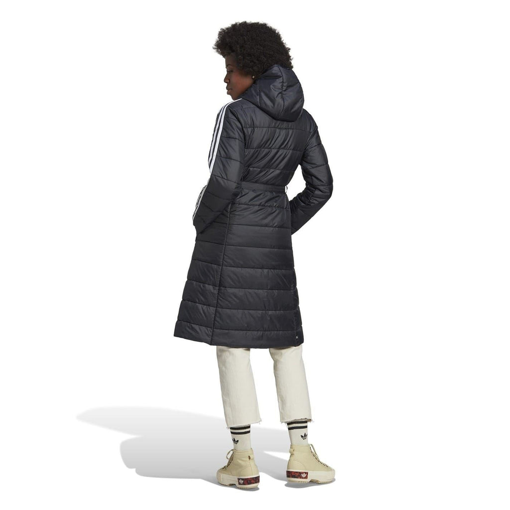 Black hooded long puffer jacket with white 3-stripe sleeves and zip-front slim fit.