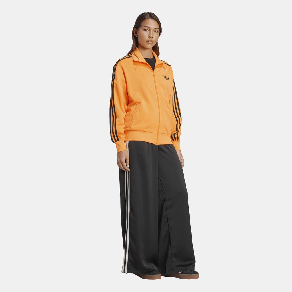 Orange zip-up track jacket with black stripes and small chest logo