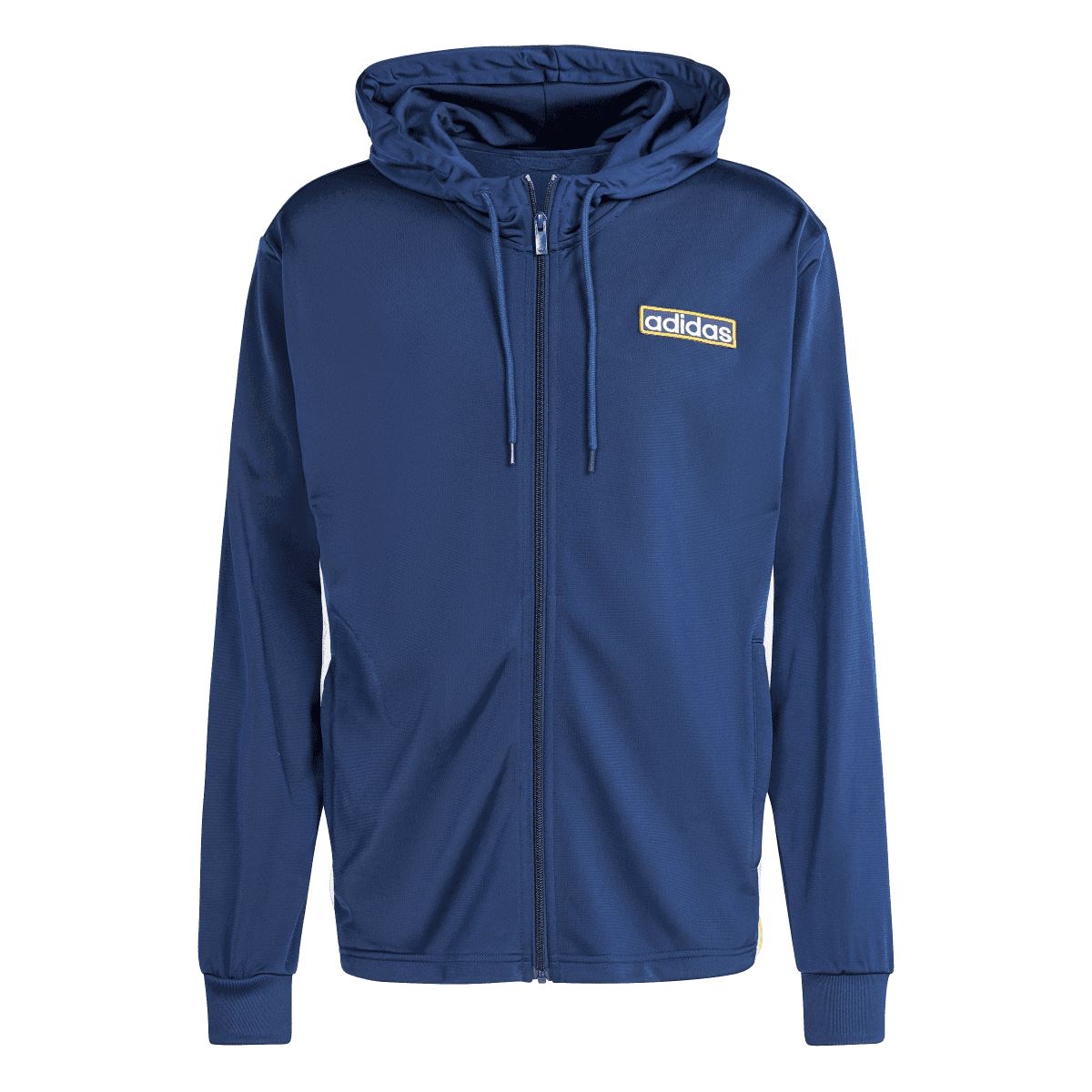 Indigo full-zip hoodie with hood, drawstrings, and adidas logo patch on chest