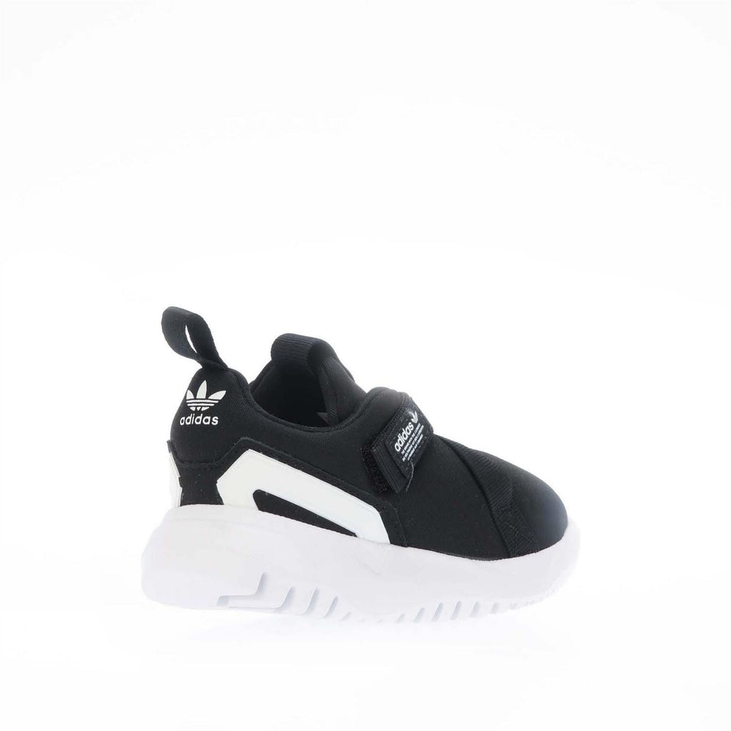 Black knit-style trainers with white midsole and side panel stripe