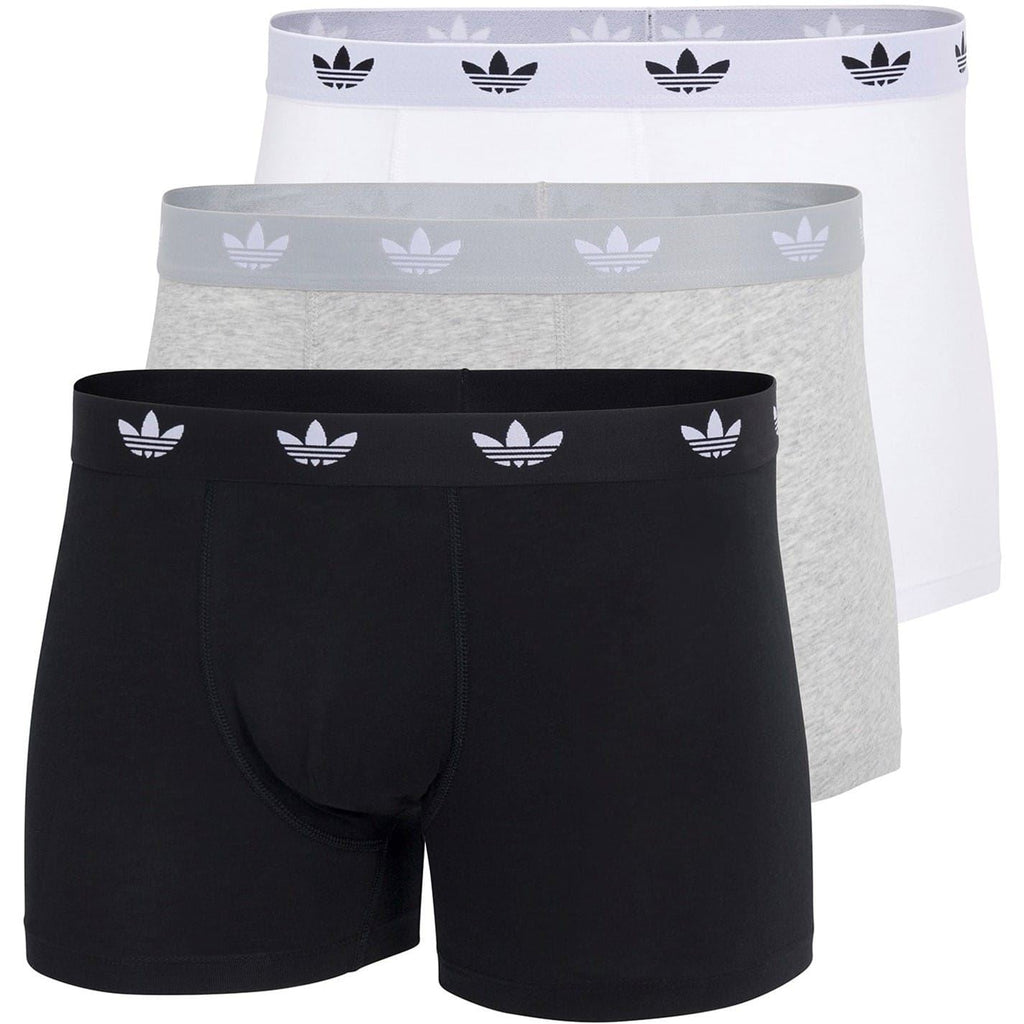 Men's boxer trunks multipack in black, grey, and white with adidas logo waistbands