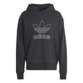 Black pullover hoodie with ribbed cuffs, drawstring hood, and outline trefoil logo