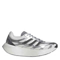 Silver and white low-top running shoes with lace-up design and cushioned sole